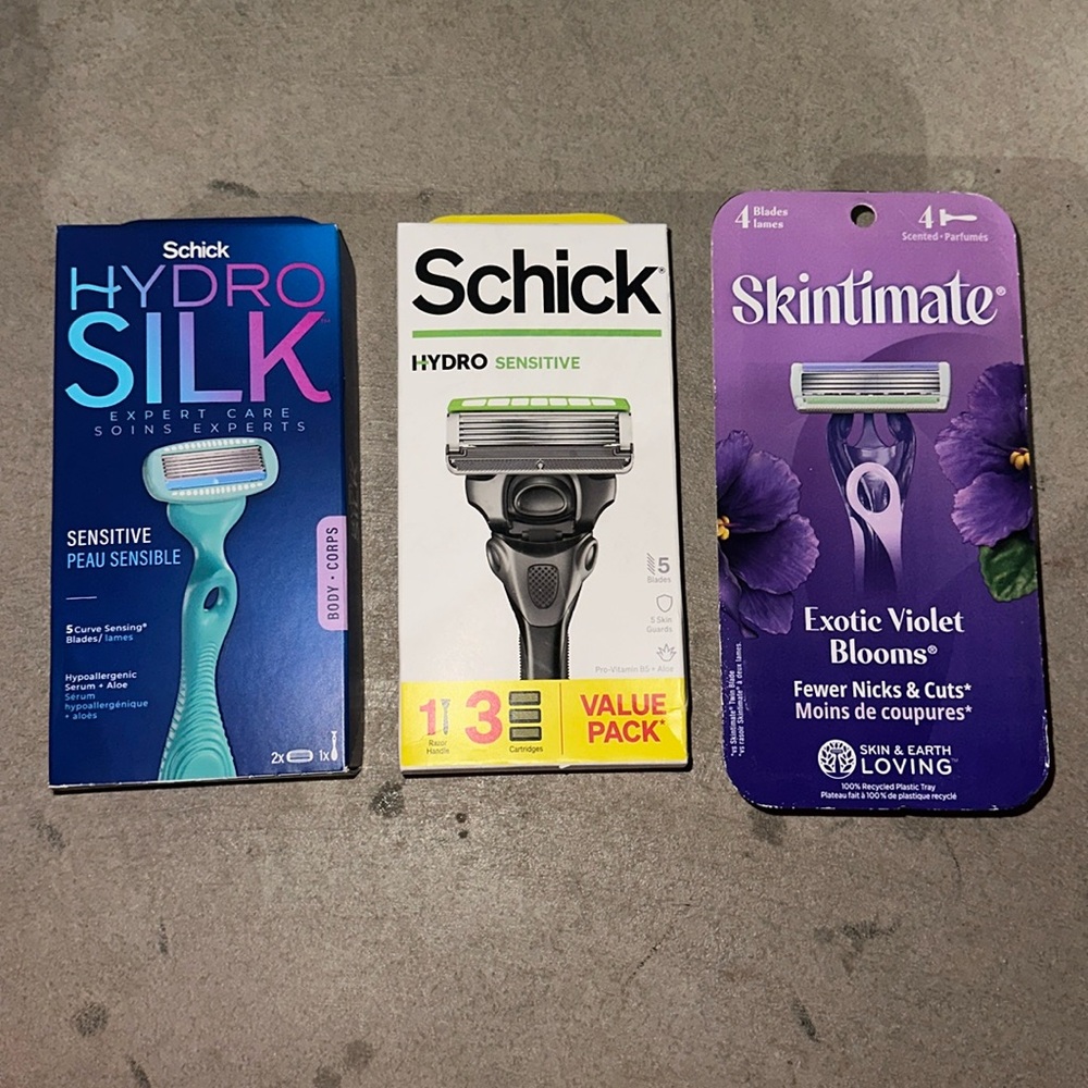 Schick, Hydro Silk, and skintimate razors!